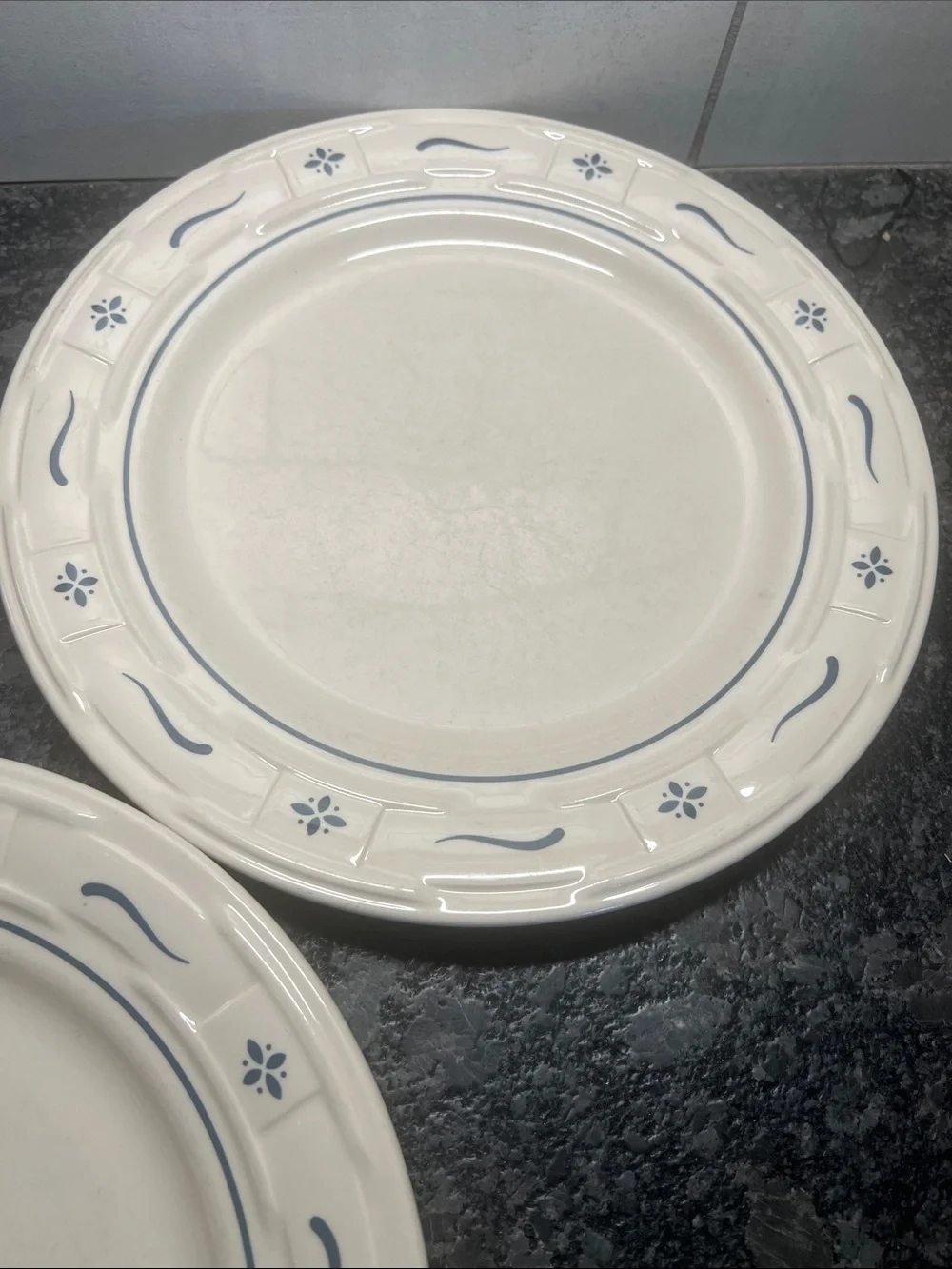 LONGABERGER WOVEN TRADITIONS ceramic Dinner plates 10”. Blue trim.